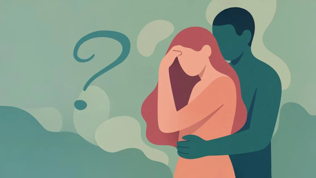 Un couple, l'homme est derrière la femme. Il l'enlace. Elle semble réfléchir. Un point d'interrogation flotte devant eux.
