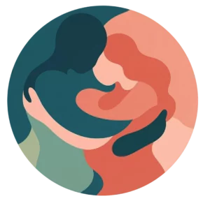 Logo: un cercle avec couple enlacé qui se fond avec l'arrière plan coloré